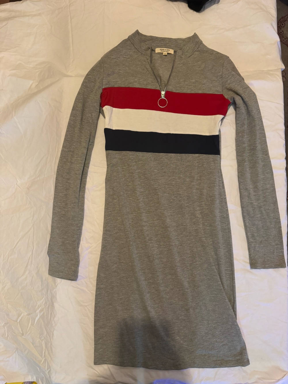 Heart & Hips Grey Long Sleeve Knit Dress with Red, White & Navy Stripes